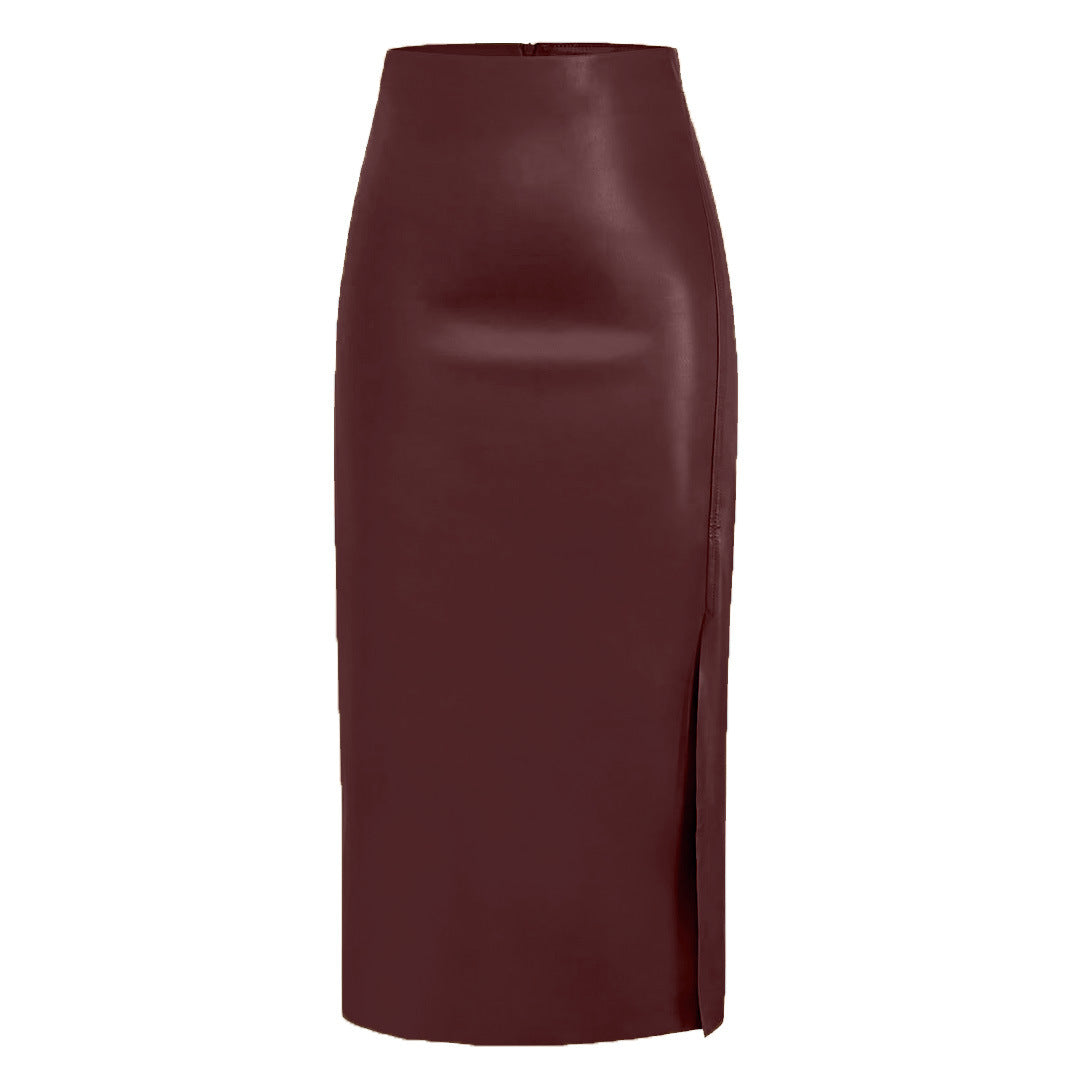 Women's Split Leather High Waist Zipper Sheath Dress Skirts