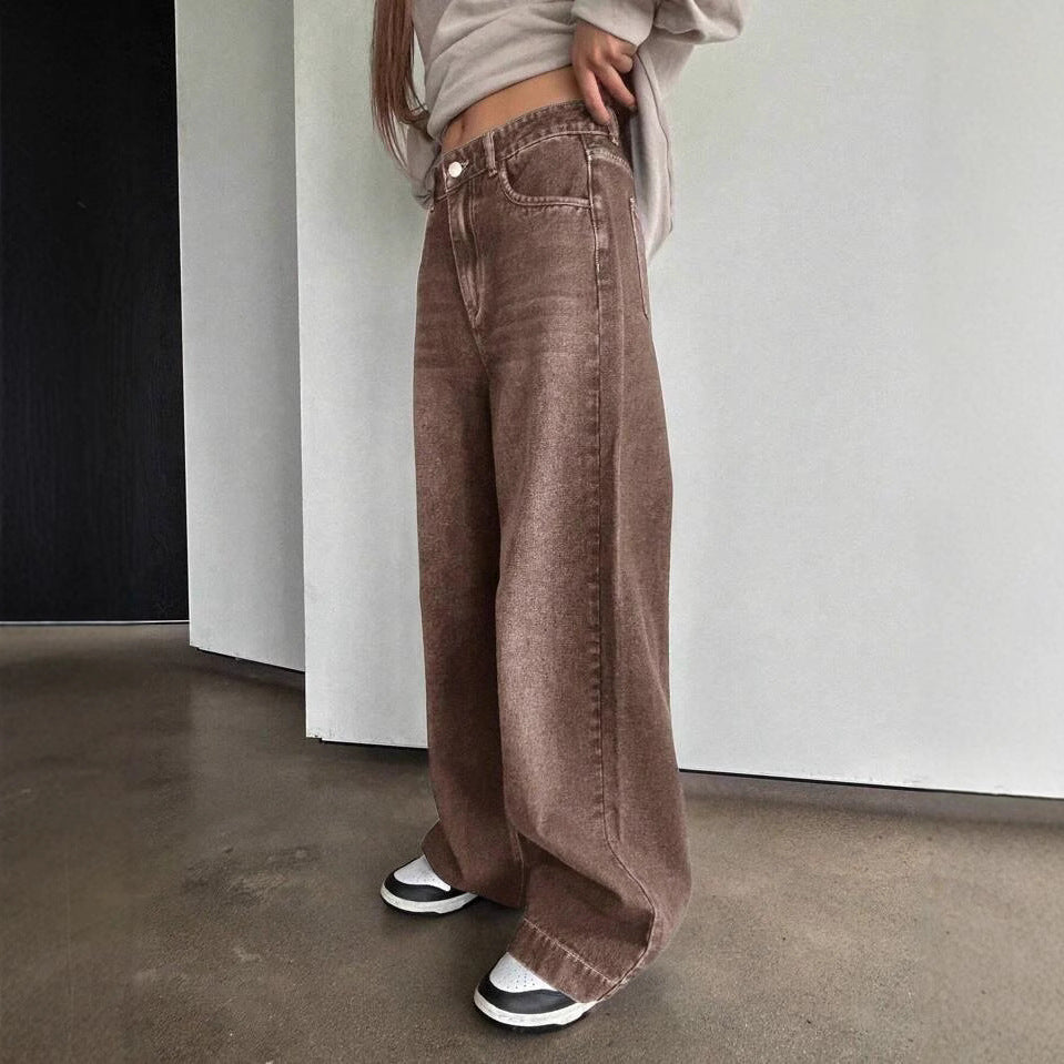 Women's Waist Straight Coffee Color Washed Retro Loose American Gradient Brown Women's Jeans
