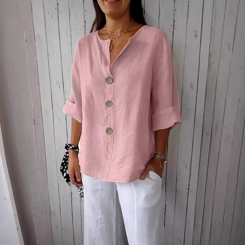 Women's Summer Loose T-shirt Cotton Linen Button Tops