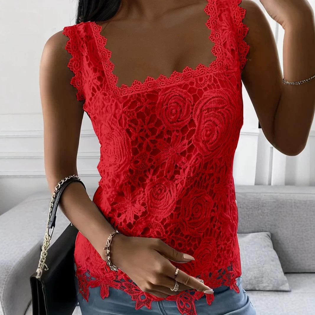 Trendy Summer Square Collar Sleeveless T-shirt Lace Shirt, Chiffon Shirt