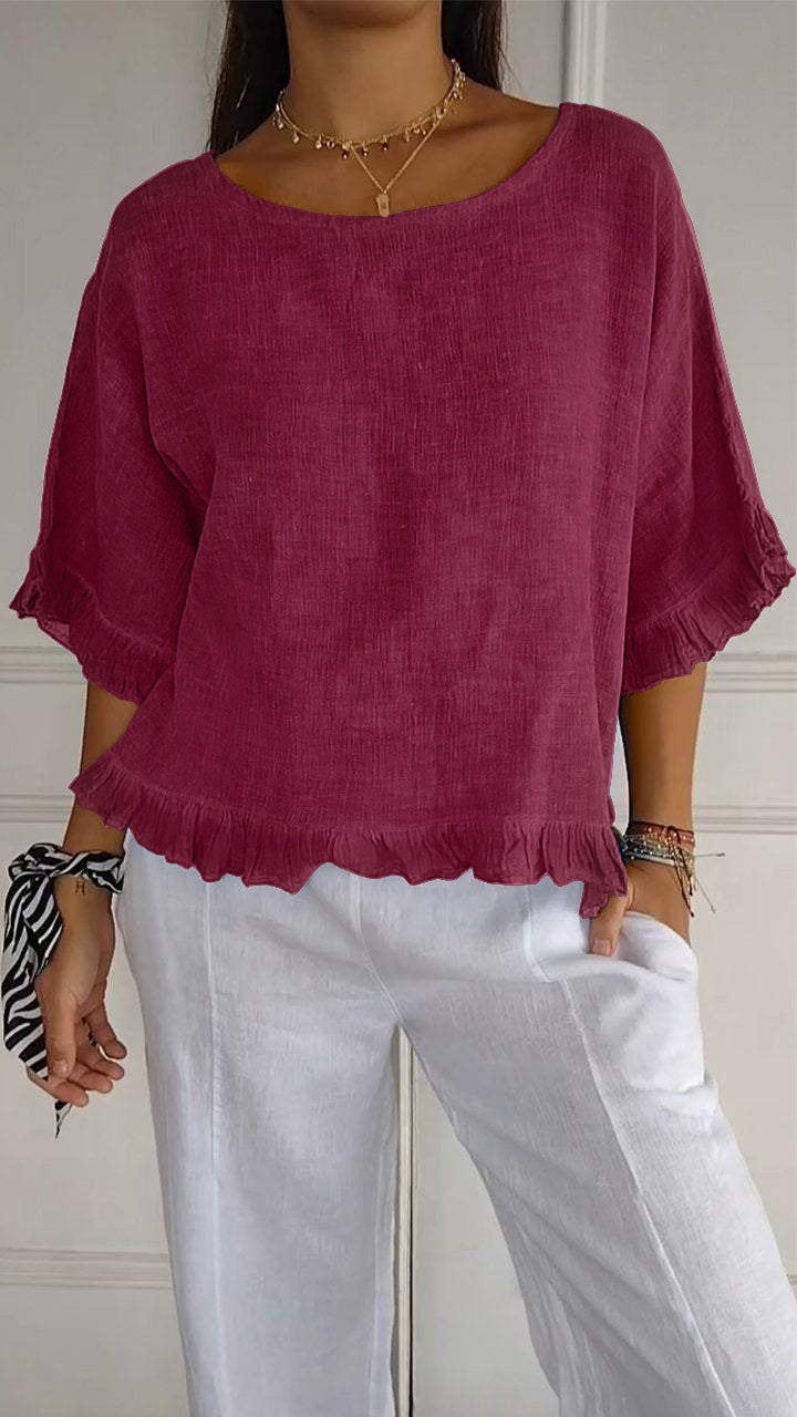 Women's Sleeve Stringy Seedge Round Neck Cotton Linen Solid Color Loose Shorts