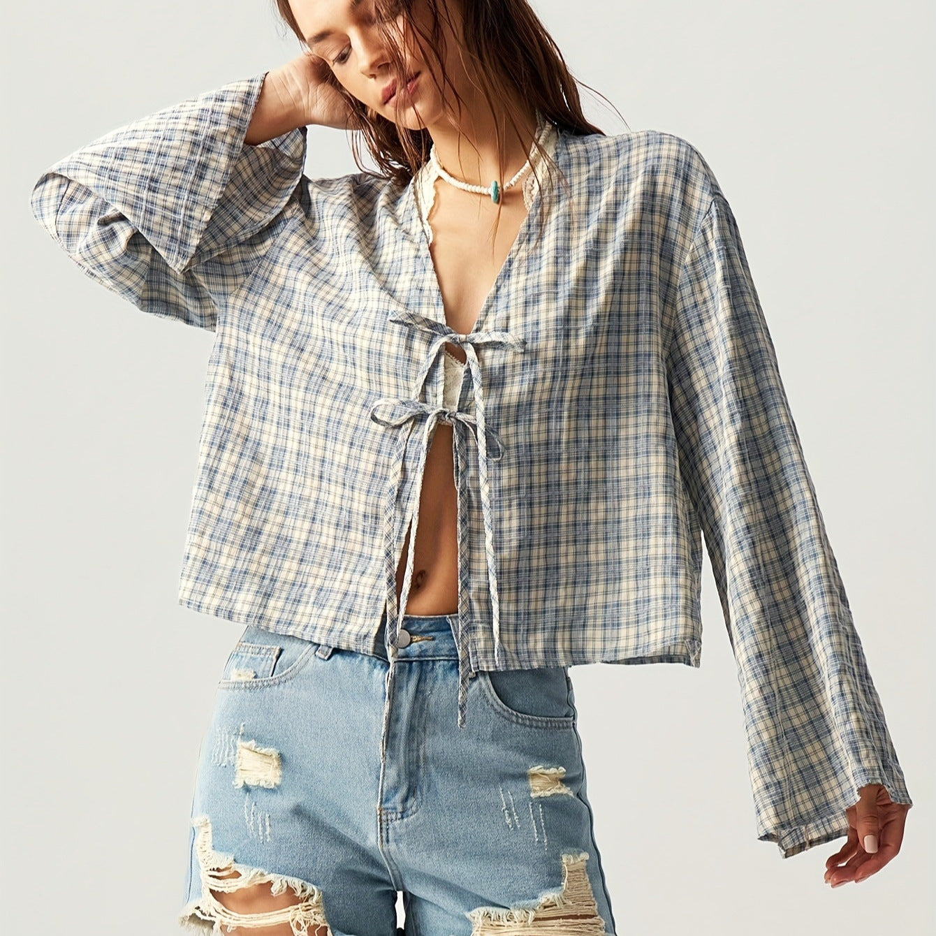 Women's American Retro Plaid Shirt Collar Flared Sleeve Blouse