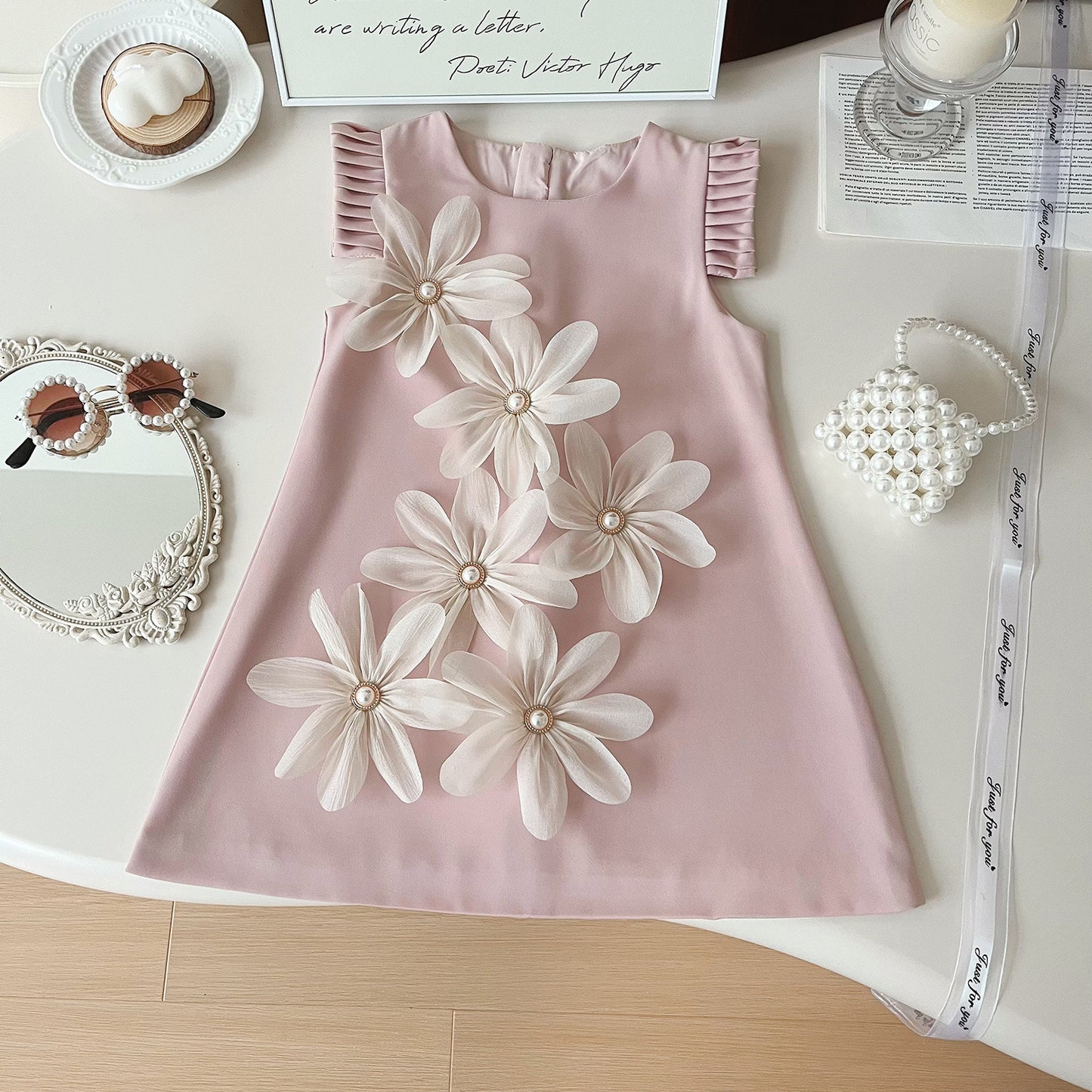 Flower Pleated Flounced Sleeve Long Elegant Children's Dress