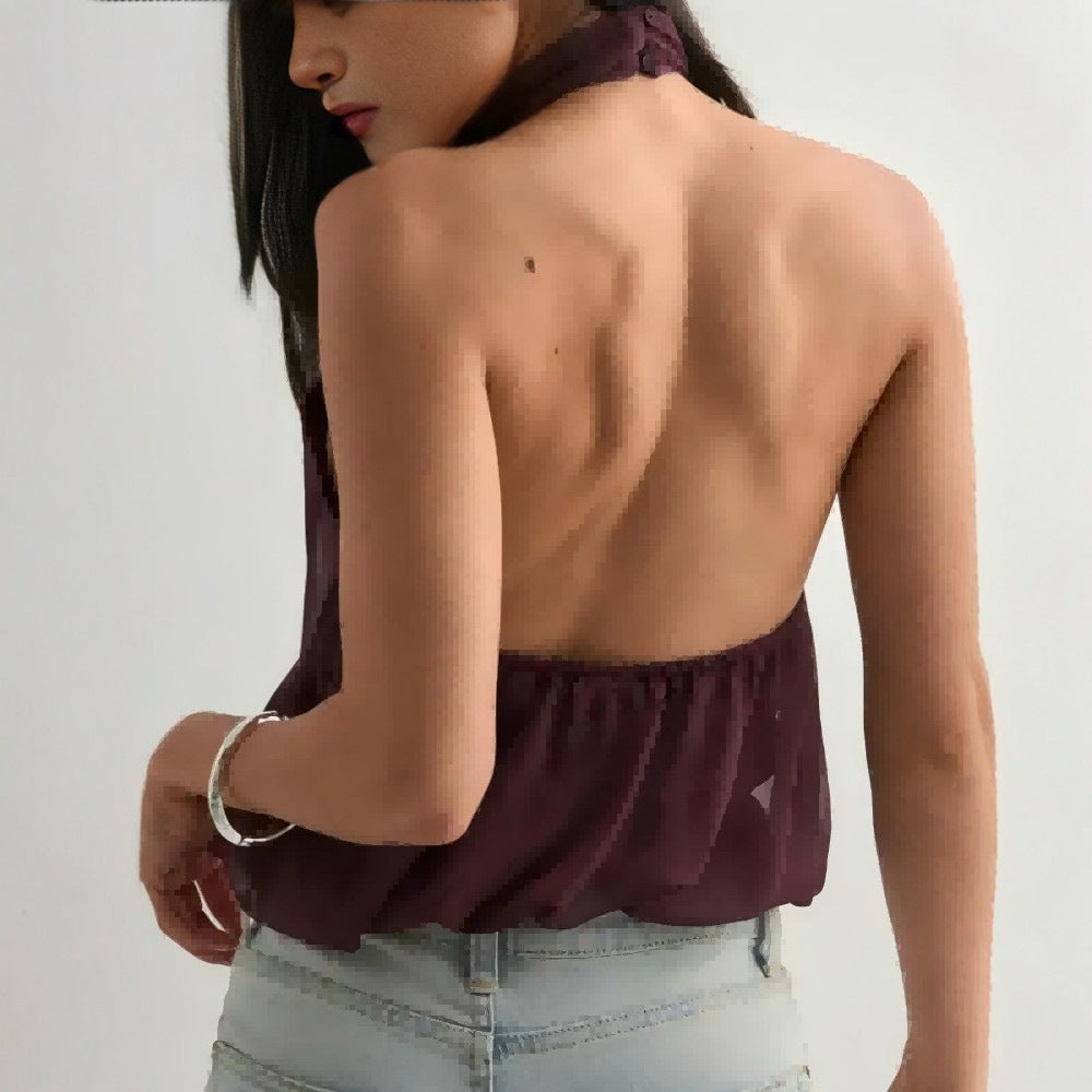 Solid Color Vacation Sexy Backless Halter Tops