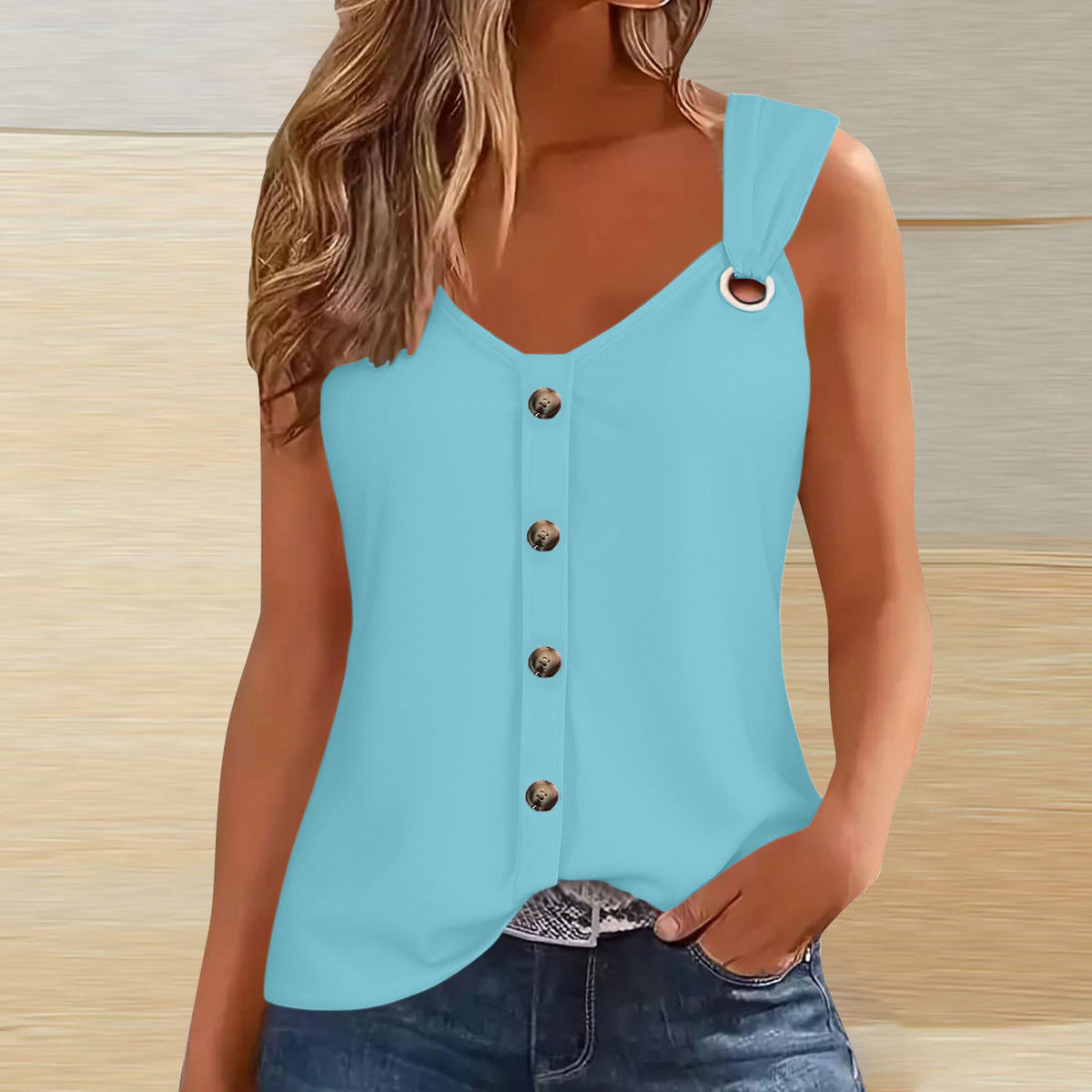 Women's Sling Button Solid Color Fashion T-shirt Vests