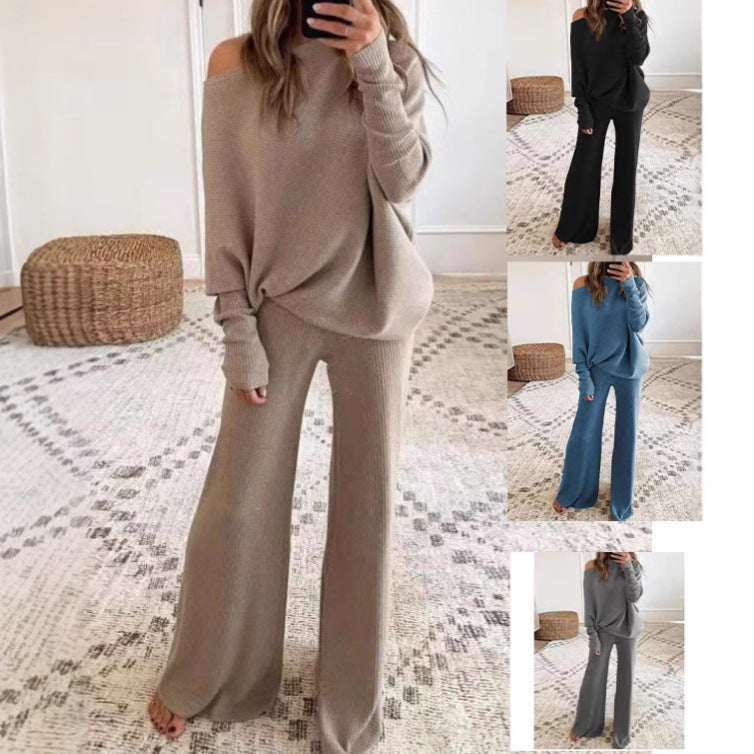 Simple Batwing Sleeve Long Drawstring High Waist Wide Leg Trousers Suits