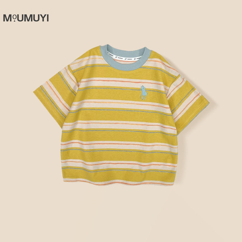 Children's Collar For Boys Contrast Color Wide Striped Embroidered Children's T-shirt