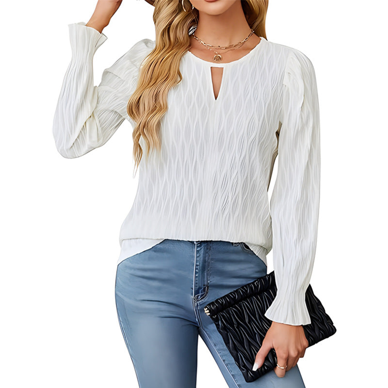 Women's Solid Color Jacquard Round Neck Long Women's T-shirt