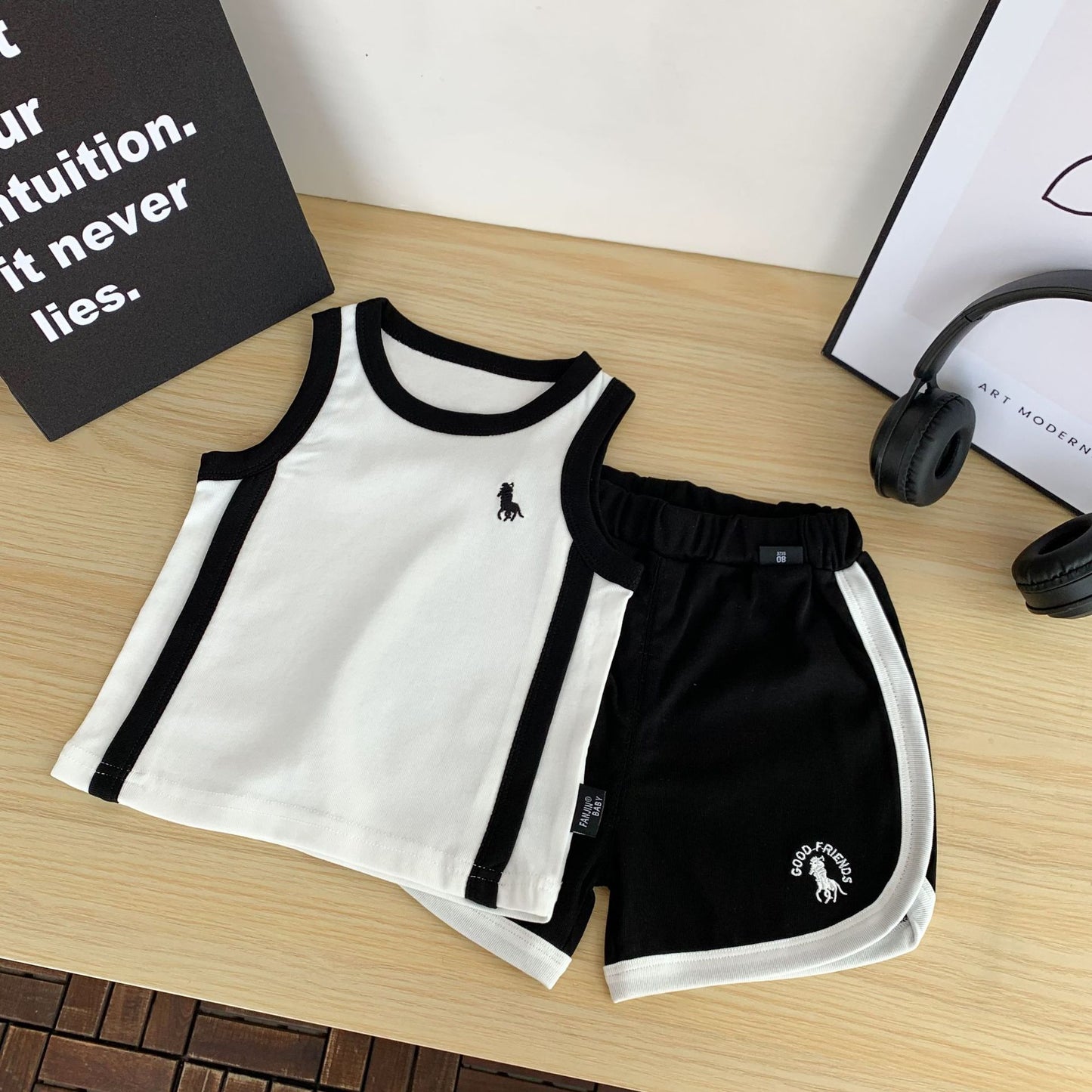 Children's Boys Toddlers Summer Vest Shorts Set Embroidery Color Matching Children's Suit