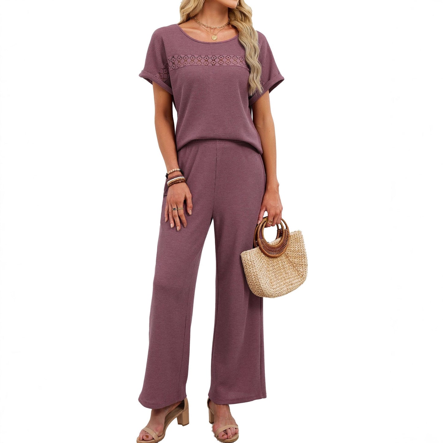 Women's Solid Color Round Neck Lace Ruffled Sleeves Fashion Casual Suit