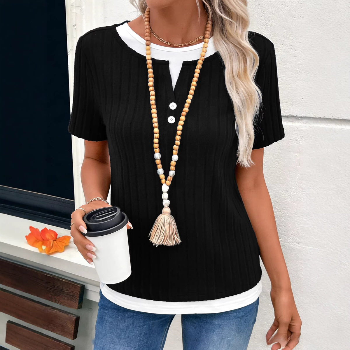 Women's Fake Two-piece Round Neck Button Pullover Shorts