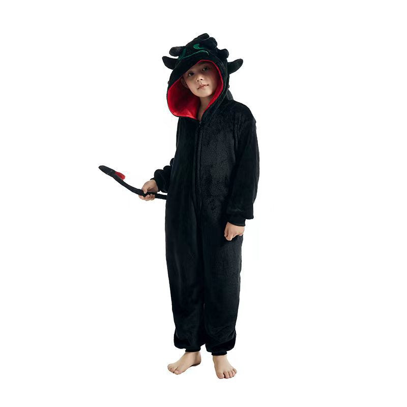 Children's Black Cat Leopard Print Flannel Cartoon One-piece Pajama Jumpsuit, Climbing Suit