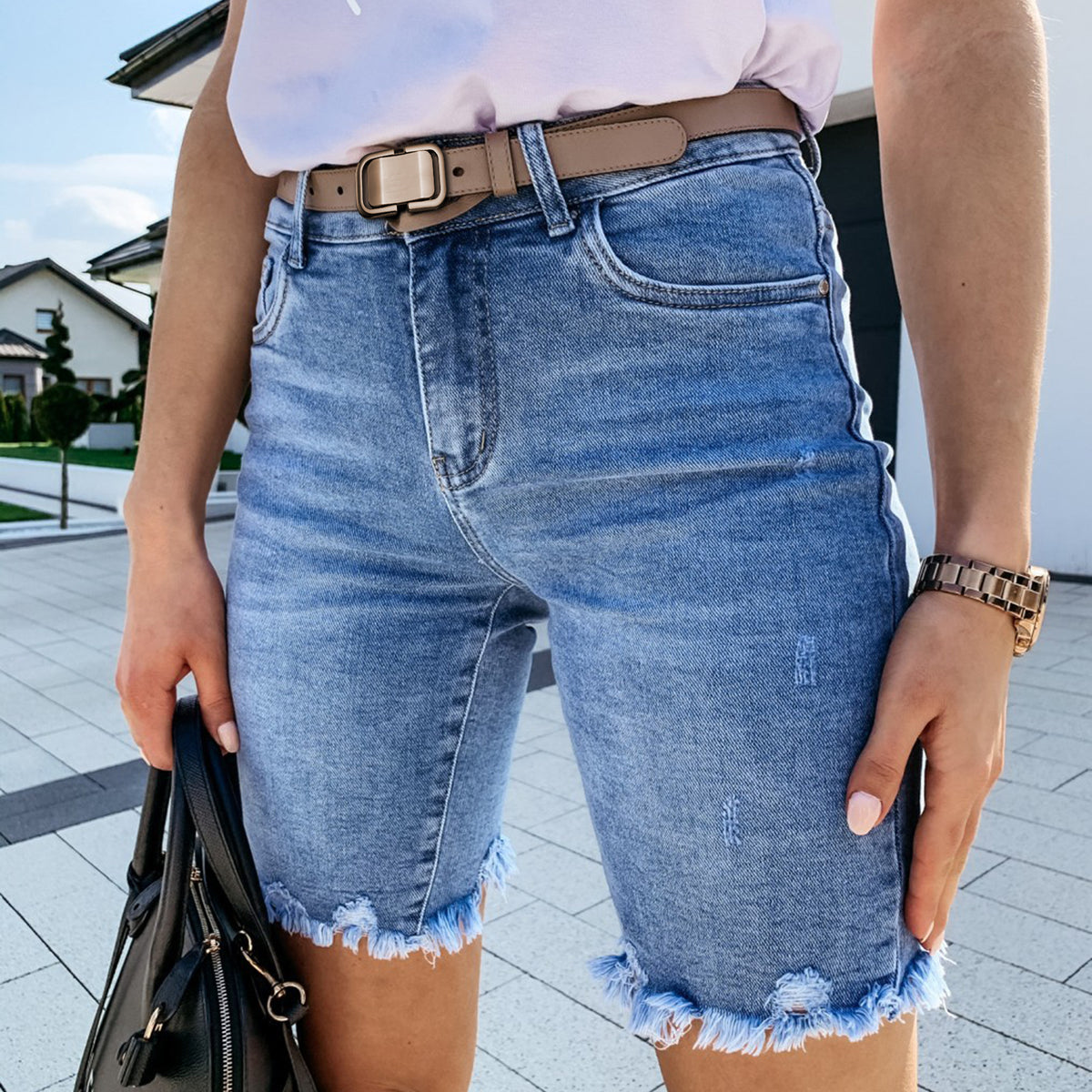 Women's Summer Denim With Hole Fifth Fashionable Frayed Hem Women's Jeans