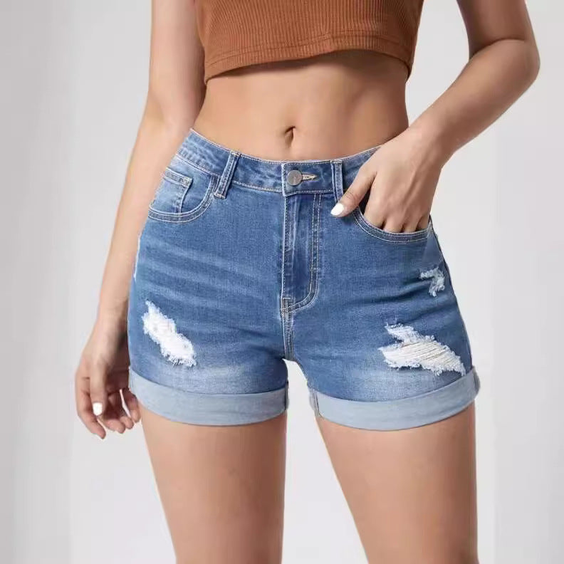 Women's Ripped Curling High Elastic Waist Denim Hot Women's Jeans