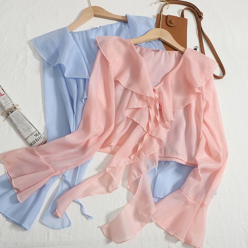 Women's Ruffled Sun Protection Fat Summer Long Lace Shirt, Chiffon Shirt