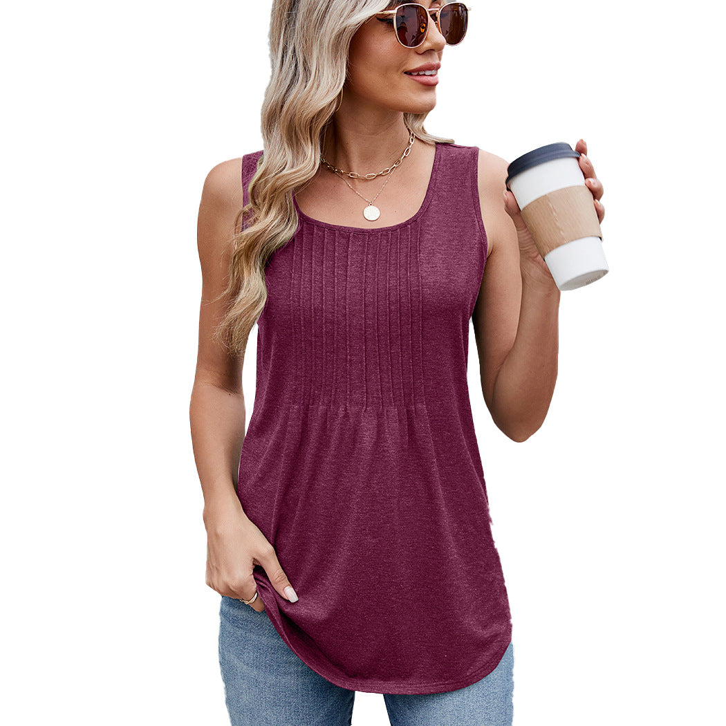 Women's Round Neck Striped Loose Sleeveless Solid Color Women's T-shirt
