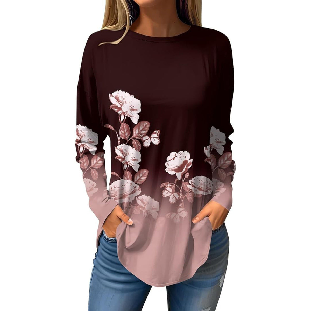 Printing Crafts Summer Hem Arc Loose Long Women's T-shirt