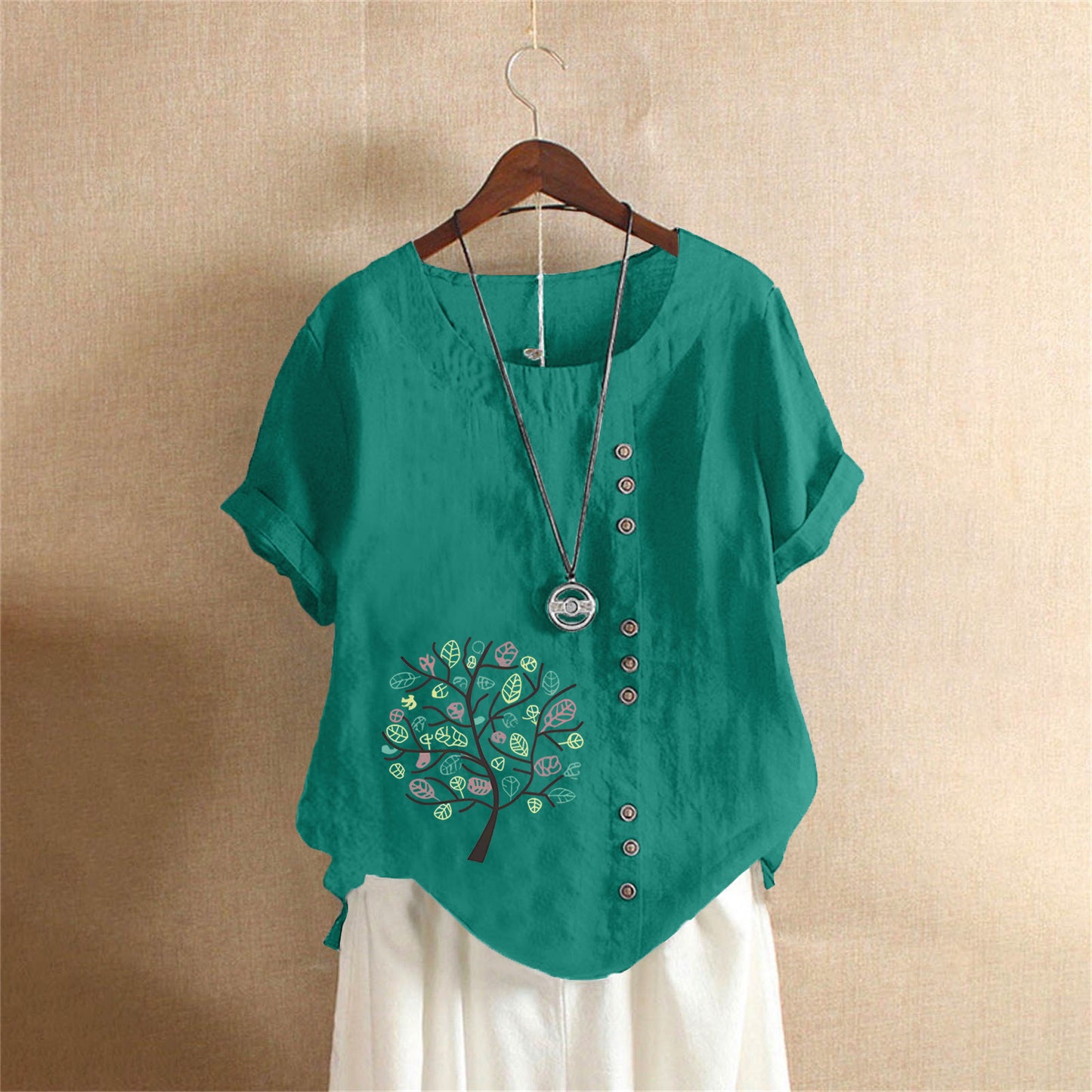 Women's Retro Large Casual Loose Cotton Linen Sleeve Pullover Happiness Women's T-shirt