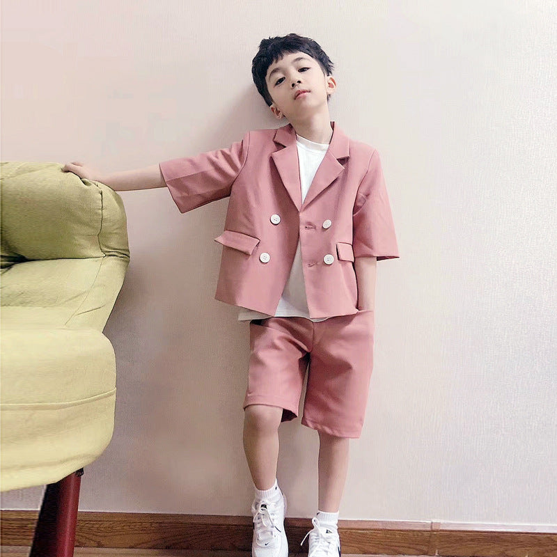 Children's Summer Short Sleeve Trendy Handsome British Dress Flower Catwalk Children's Suit