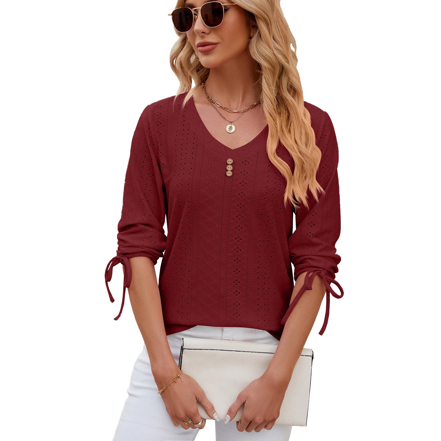 Women's Button Solid Color Half Sleeves Loose-fitting Women's T-shirt
