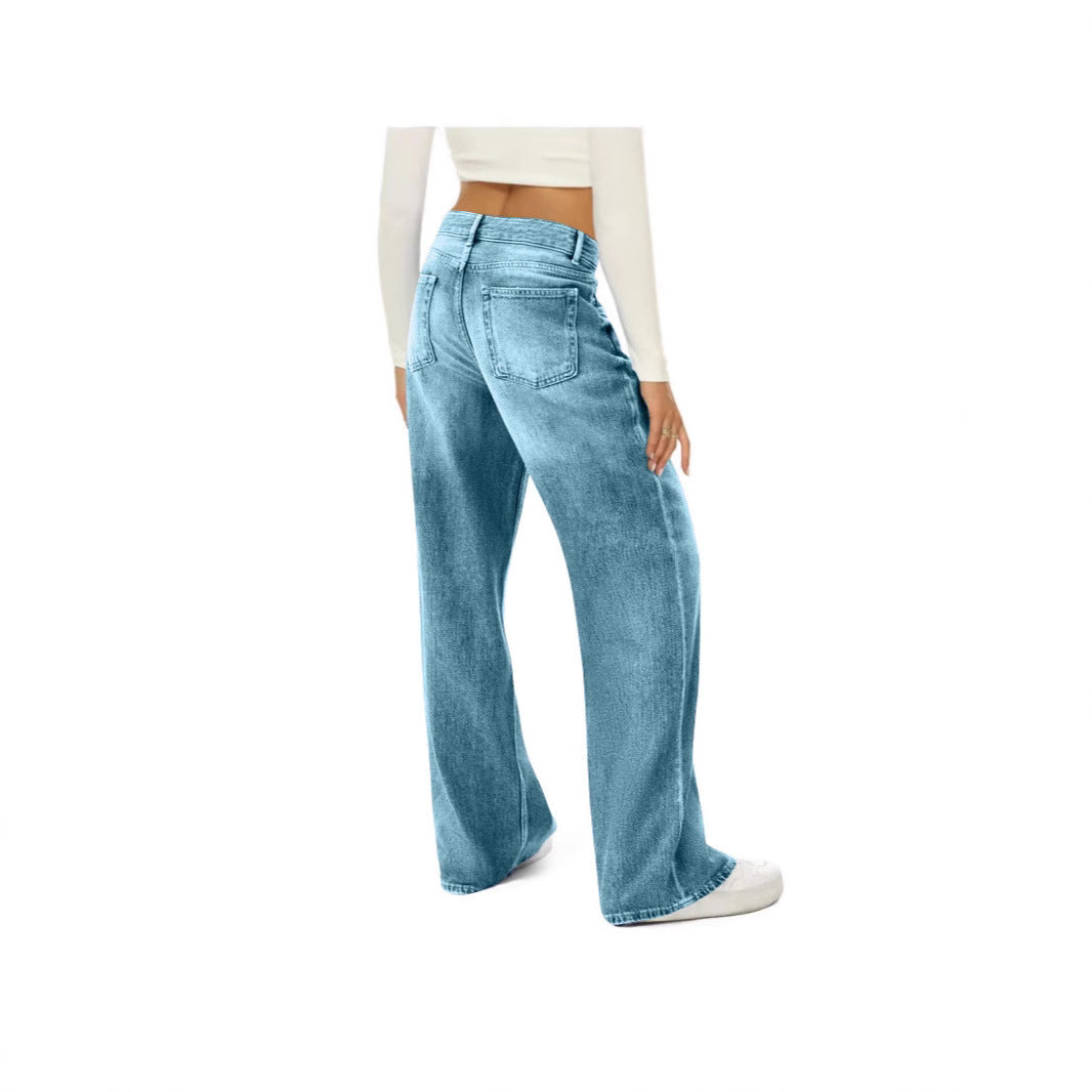 Retro Wide Leg Fashion High Waist Design Mop Denim Trousers Women's Jeans