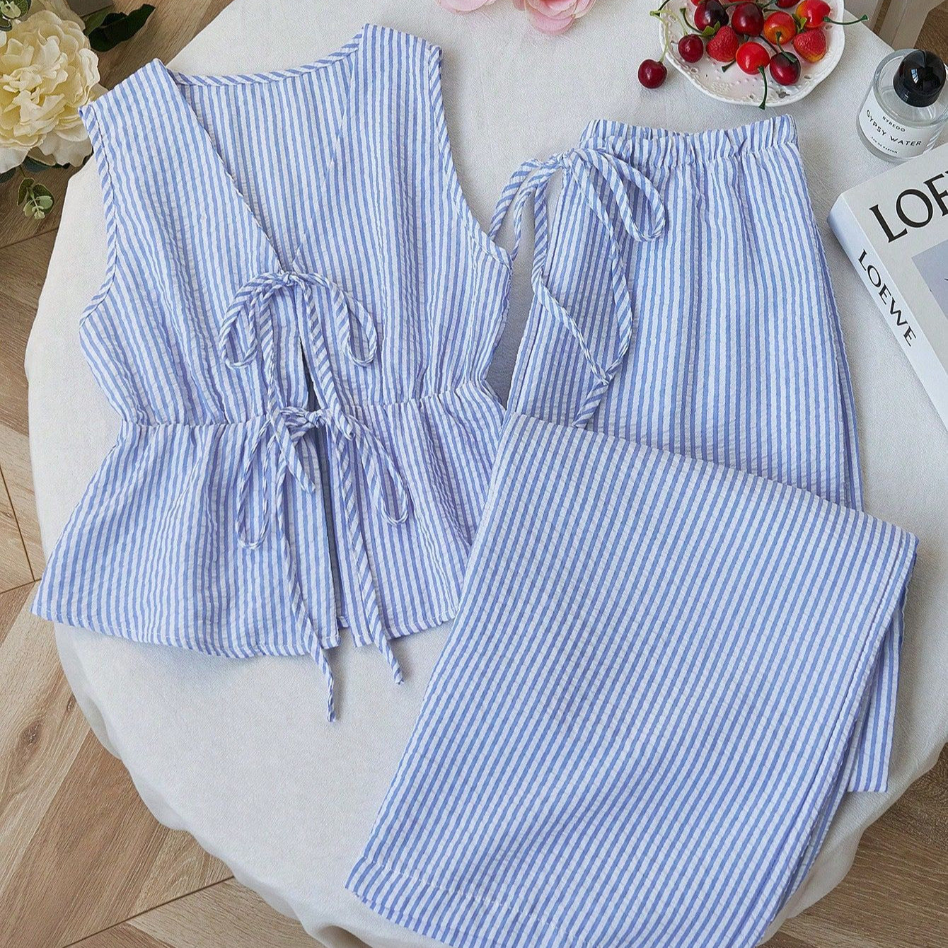 Color Striped Lace Up Wild Loose Trousers Fashion Casual Suit
