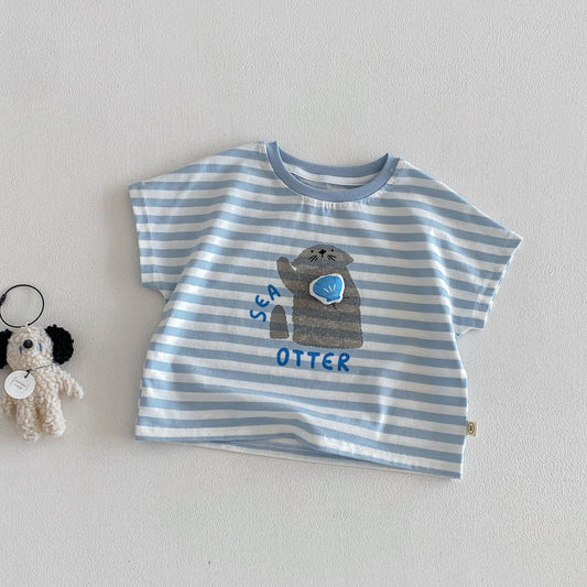Children's Cartoon Summer Boys Western Style Refreshing Striped Children's T-shirt