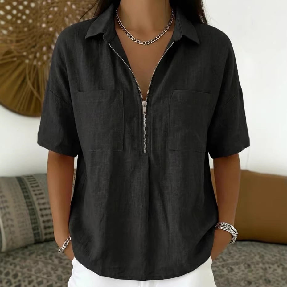 Loose Lapels Solid Color Sleeve Casual Shirt Zipper Patch Blouse