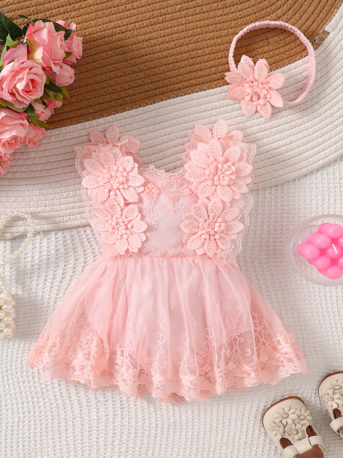 Trim Mesh Rompers Flower Romper Tulle Tutu Princess Dress Hair Jumpsuit, Climbing Suit