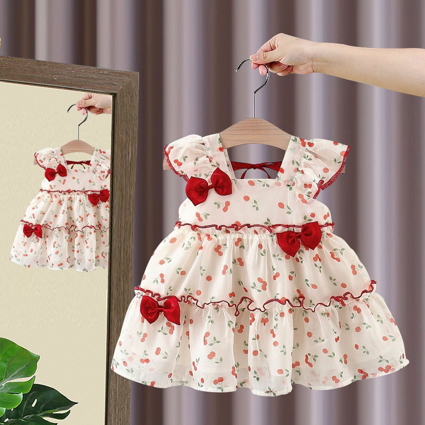 Children's Western Style Cherry Princess Chiffon Sweet Short Sleeve Children's Dress