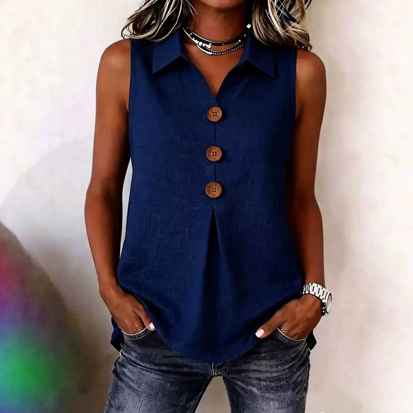 Women's Fashion Simple Lapel Cotton Linen Button Small Vest/suspenders/tube Top