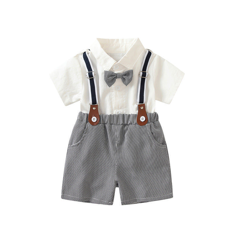 Children's Short-sleeved White Shirt Suspender Pants Campus Garden Children's Suit