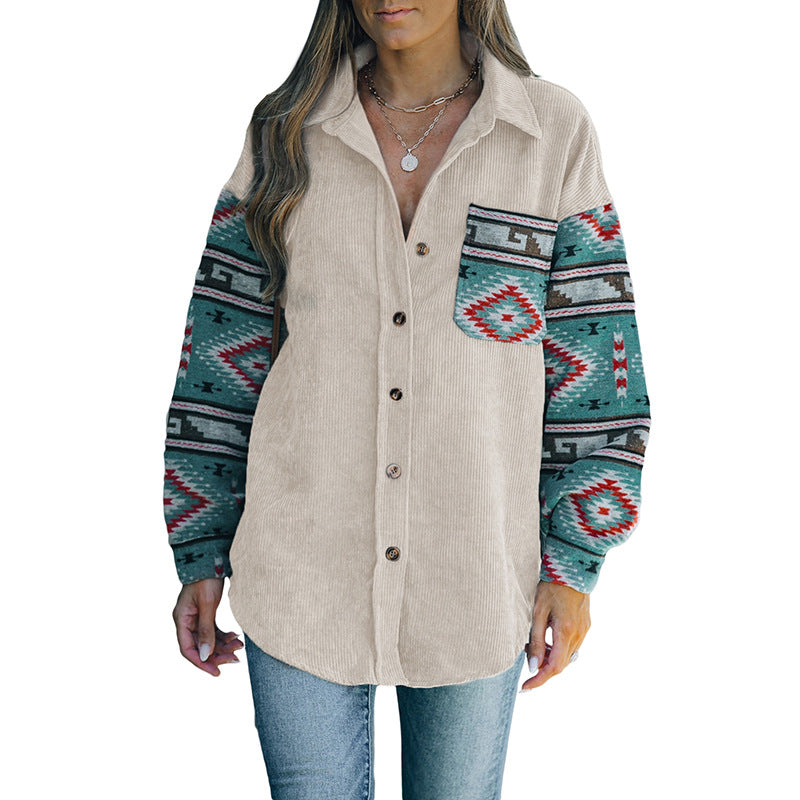 Women's Corduroy Shirt Ethnic Style Stitching Thin Blouse