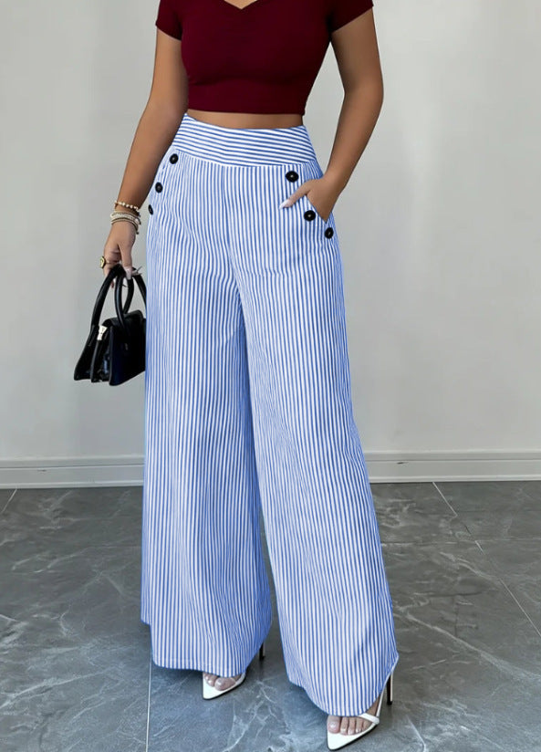 Women's Waist Wide Leg With Vertical Stripes Thin Casual Pants