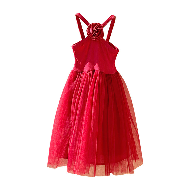 French Rose Strap Sweet Western Style Mesh Children's Dress