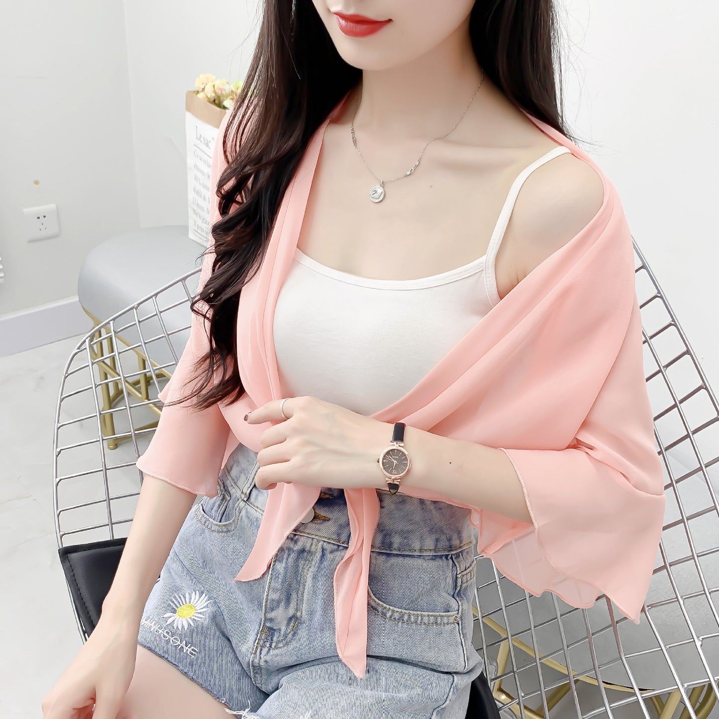Women's Fairy Sun Protection Summer Lightweight Breathable Sling Dress Small Lace Shirt, Chiffon Shirt
