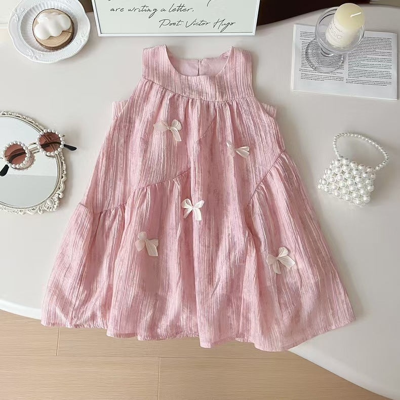 Korean Style Sleeveless Bow Pink Cute Children's Dress