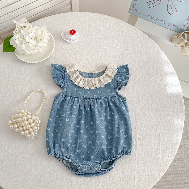Summer Denim Bow Print Vest Crawling Suit Children's Dress