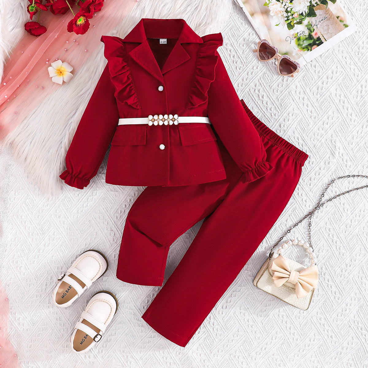 Children's Large Long Sleeve White Belt Top Ruffled Blazer Trousers Three Children's Suit