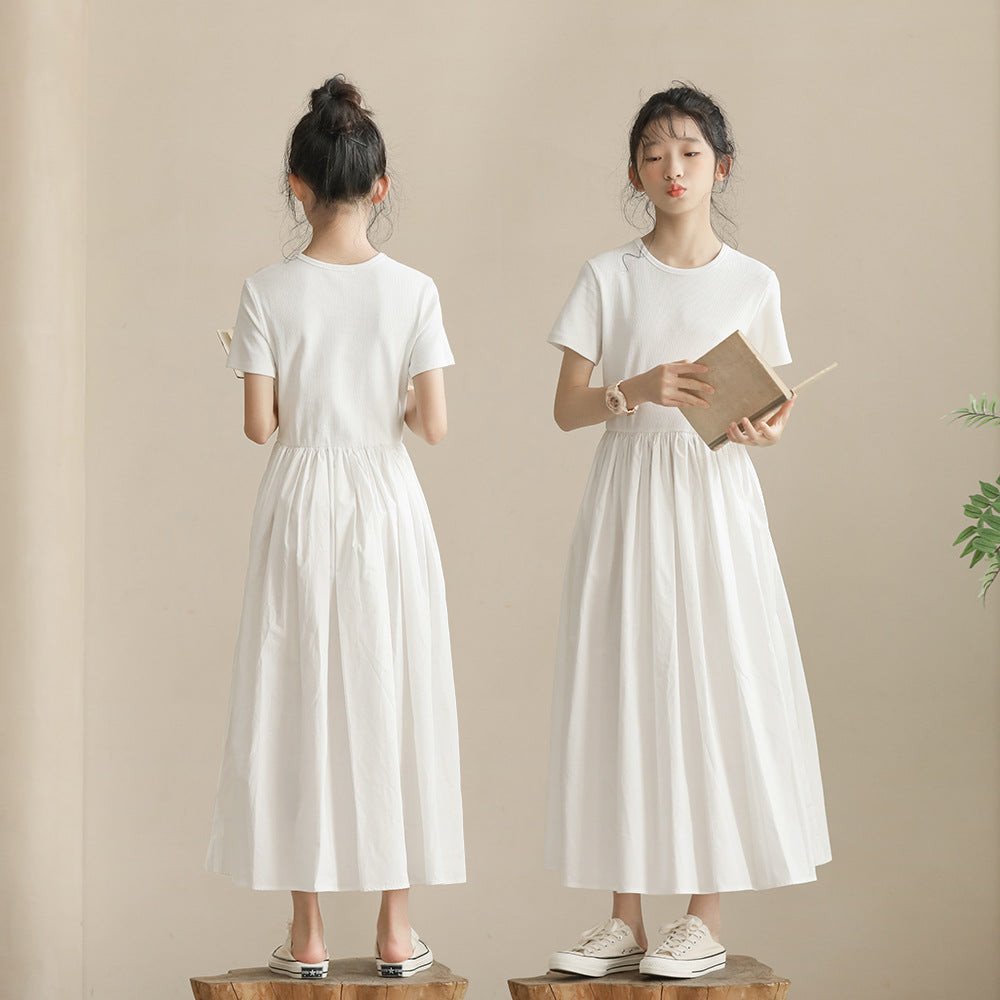 Little Black Medium Large Long Waist Trimming Short-sleeved Temperament Shirt Children's Dress