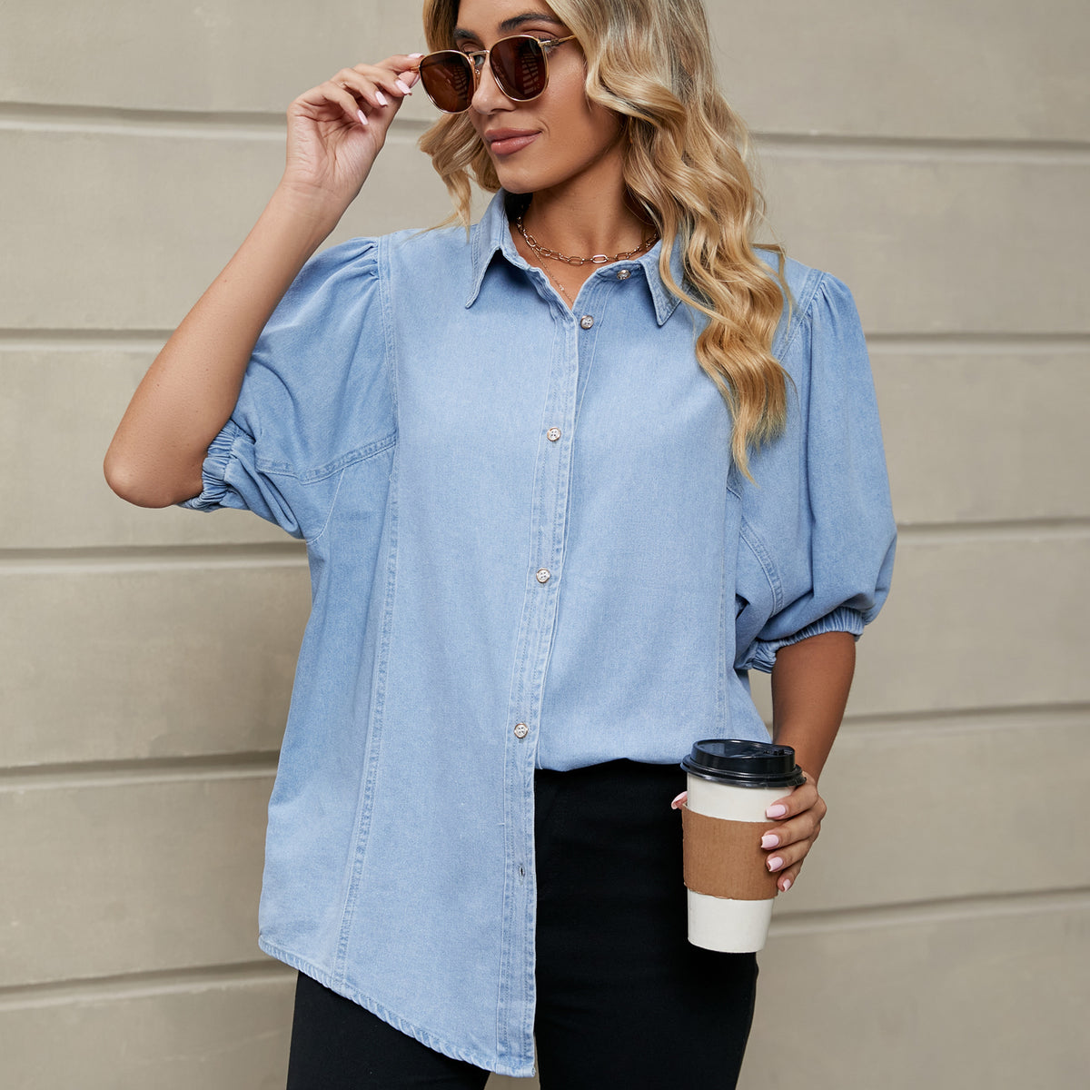 Women's Trade Elastic Princess Sleeves Denim Shirt Tops