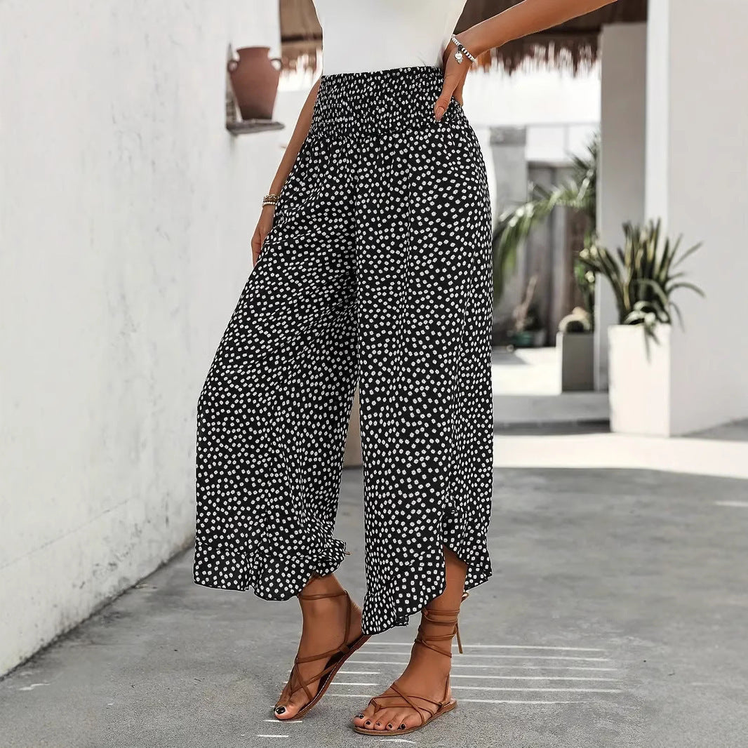 Polka-dot Loose-fitting Cinched Figure Flattering Wide Casual Pants