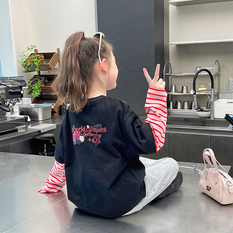 Children's Clothing Striped Fake Two Pieces Long-sleeved Bottoming Shirt Western Style Children's T-shirt