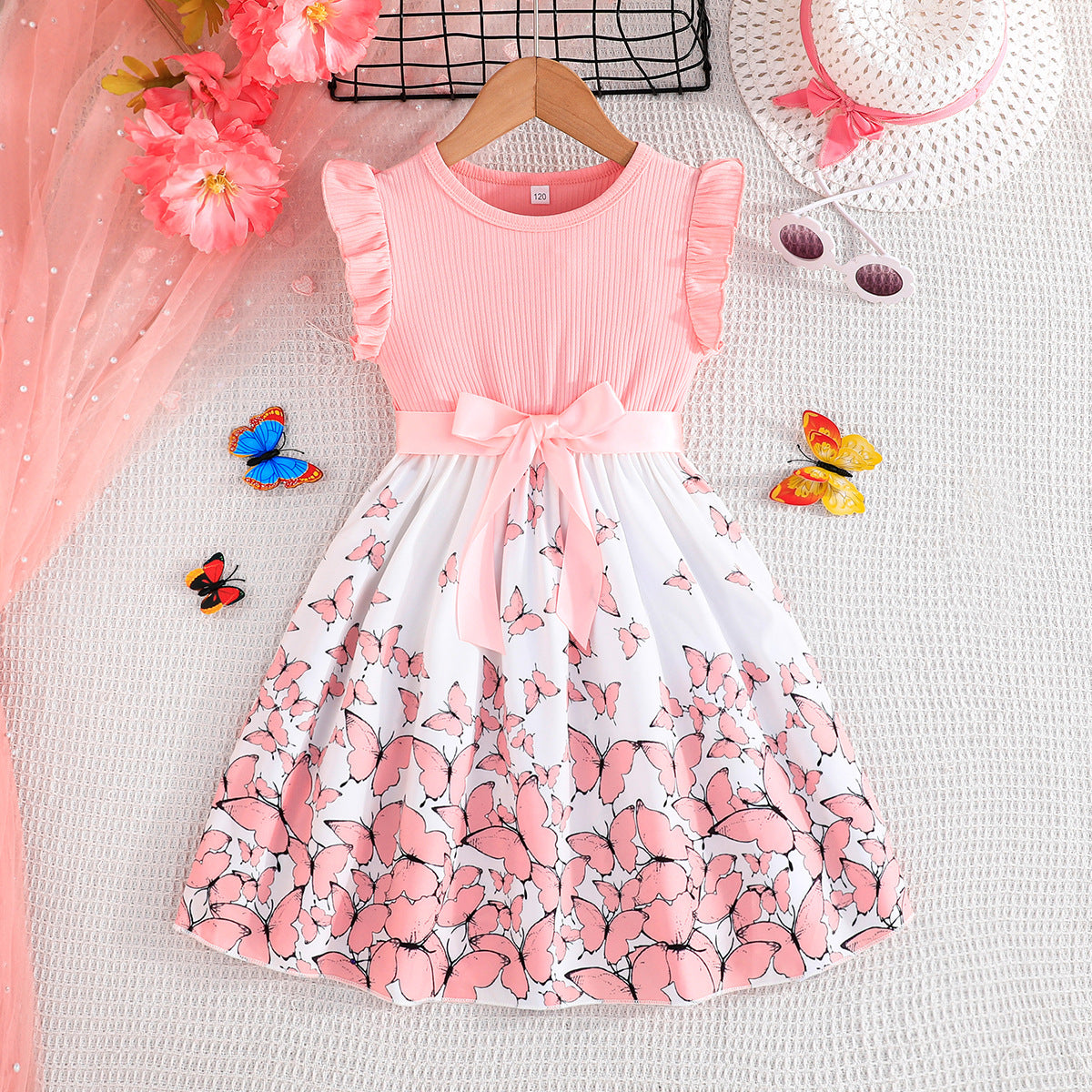 Short-sleeved Flounced Sleeve Sunken Stripe Stitching Butterfly Children's Dress