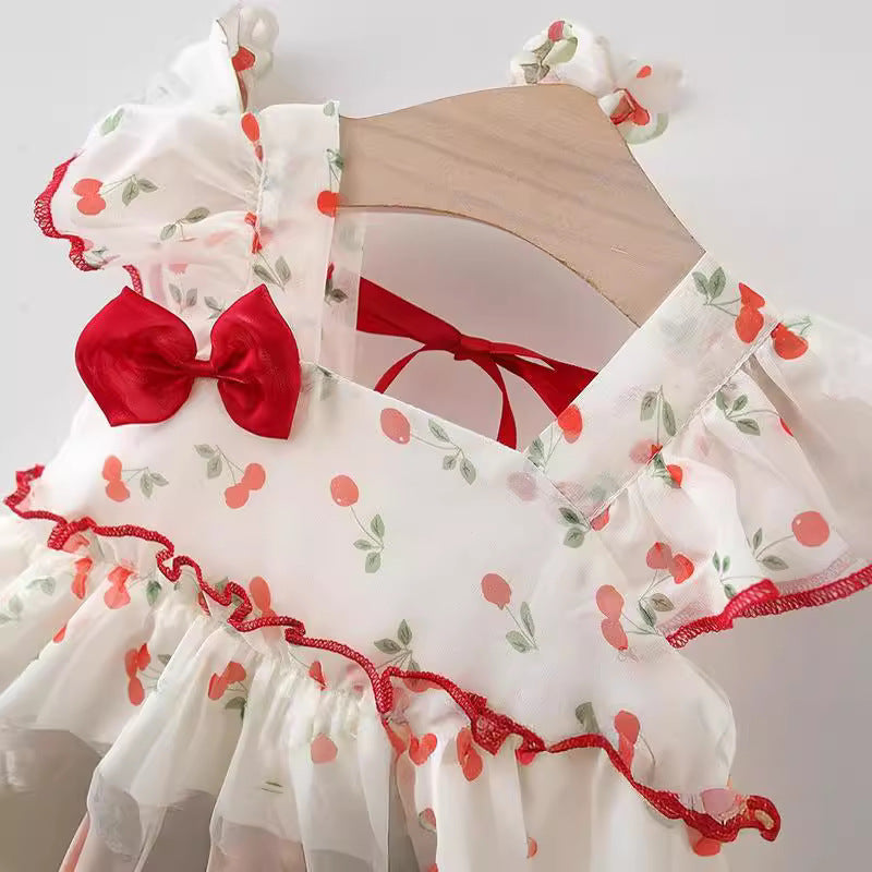 Children's Western Style Cherry Princess Chiffon Sweet Short Sleeve Children's Dress