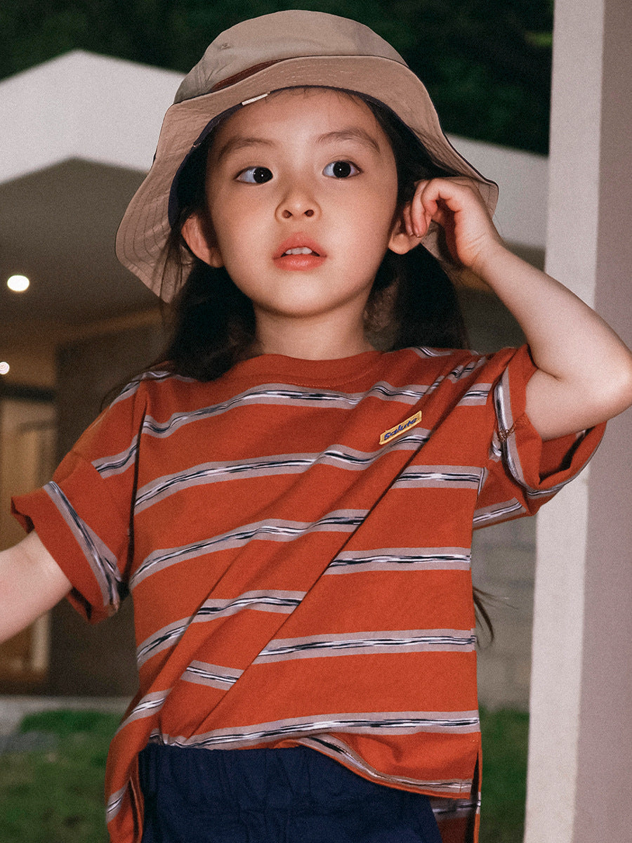 Children's Cotton Summer Contrast Color Striped Middle Big Loose Casual Children's T-shirt
