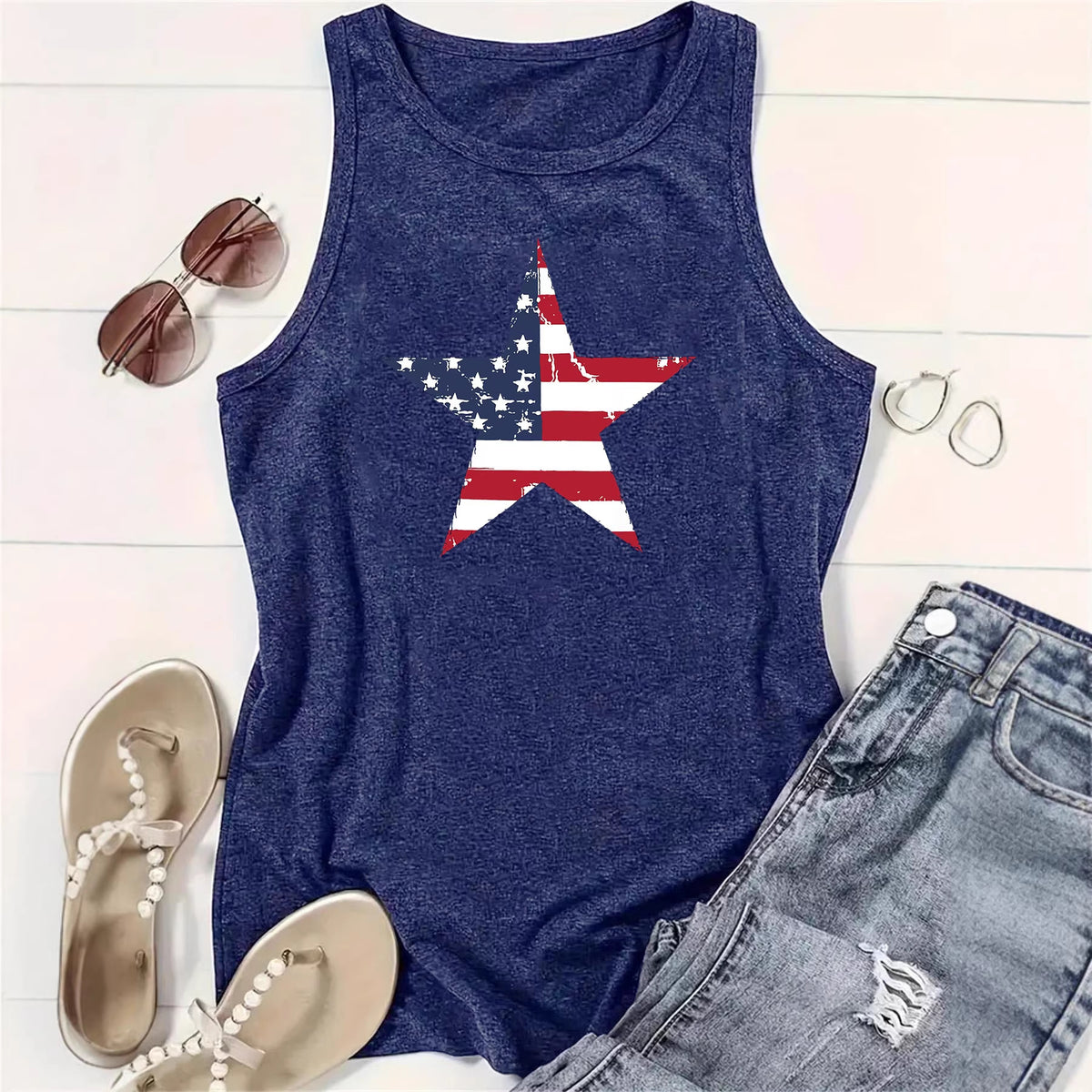 Women's Sleeveless Five-pointed Star Flag Printed Sling Backless Sexy Loose Vests