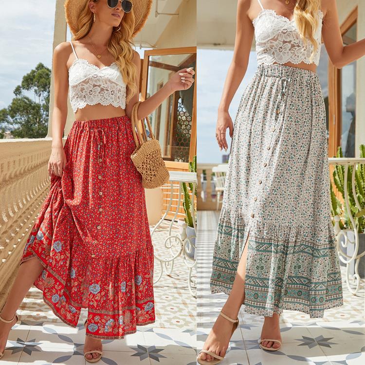 Women's Summer High Waist Print Breasted Split Skirt