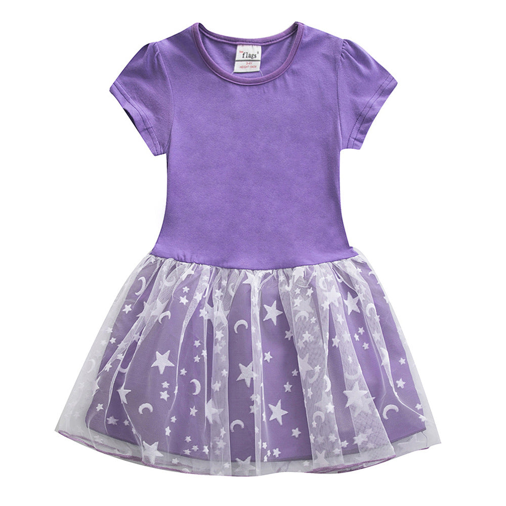 Children's Summer Short-sleeved Solid Color Tulle Little Children's Dress