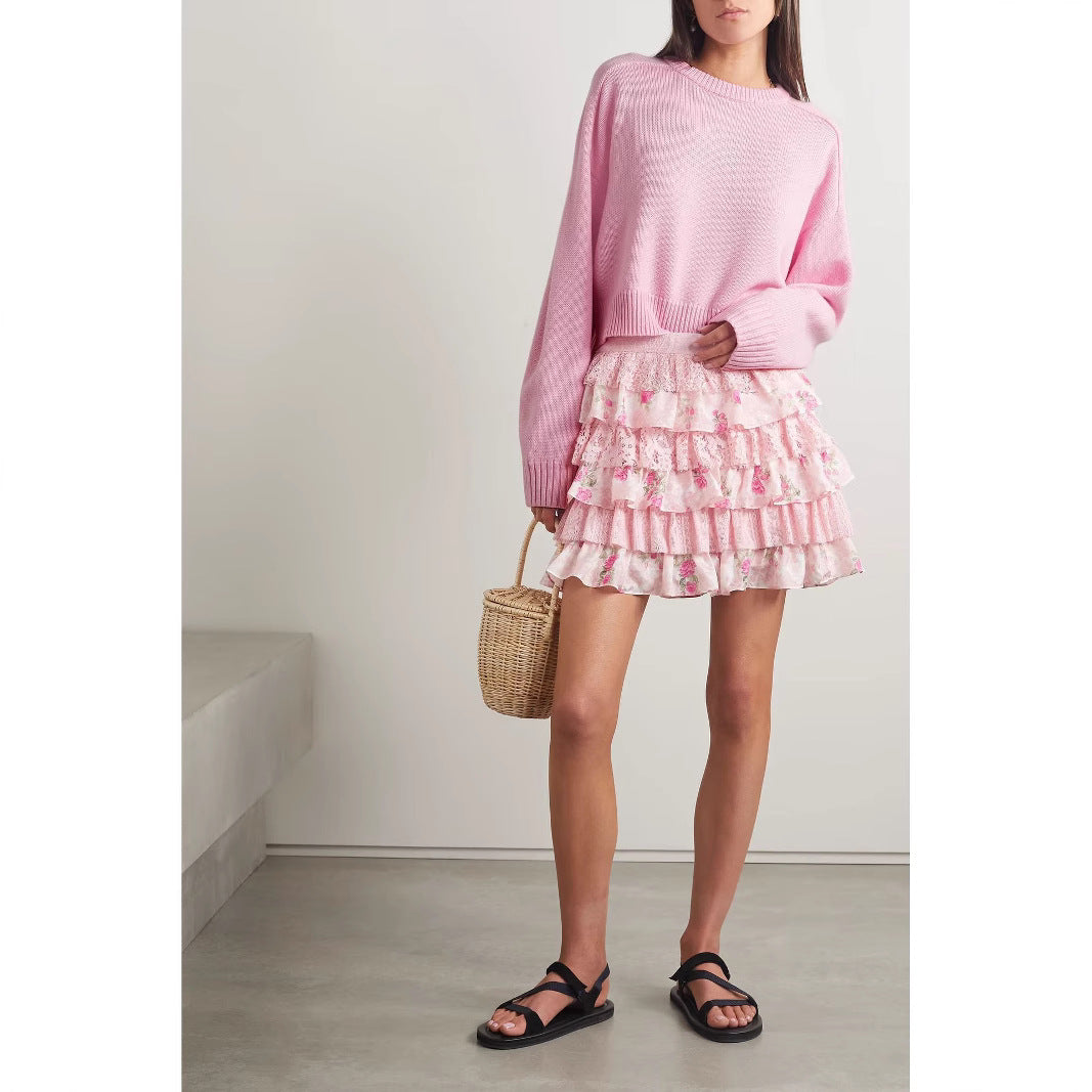 Women's Natural Plant Floral Print Lace Cake Skirt
